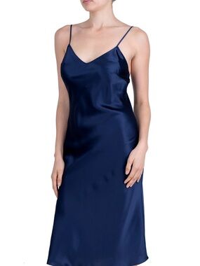 100% Mulberry Silk Oscar Rossa Midnight Blue Silk Slip Dress Washable .NWT